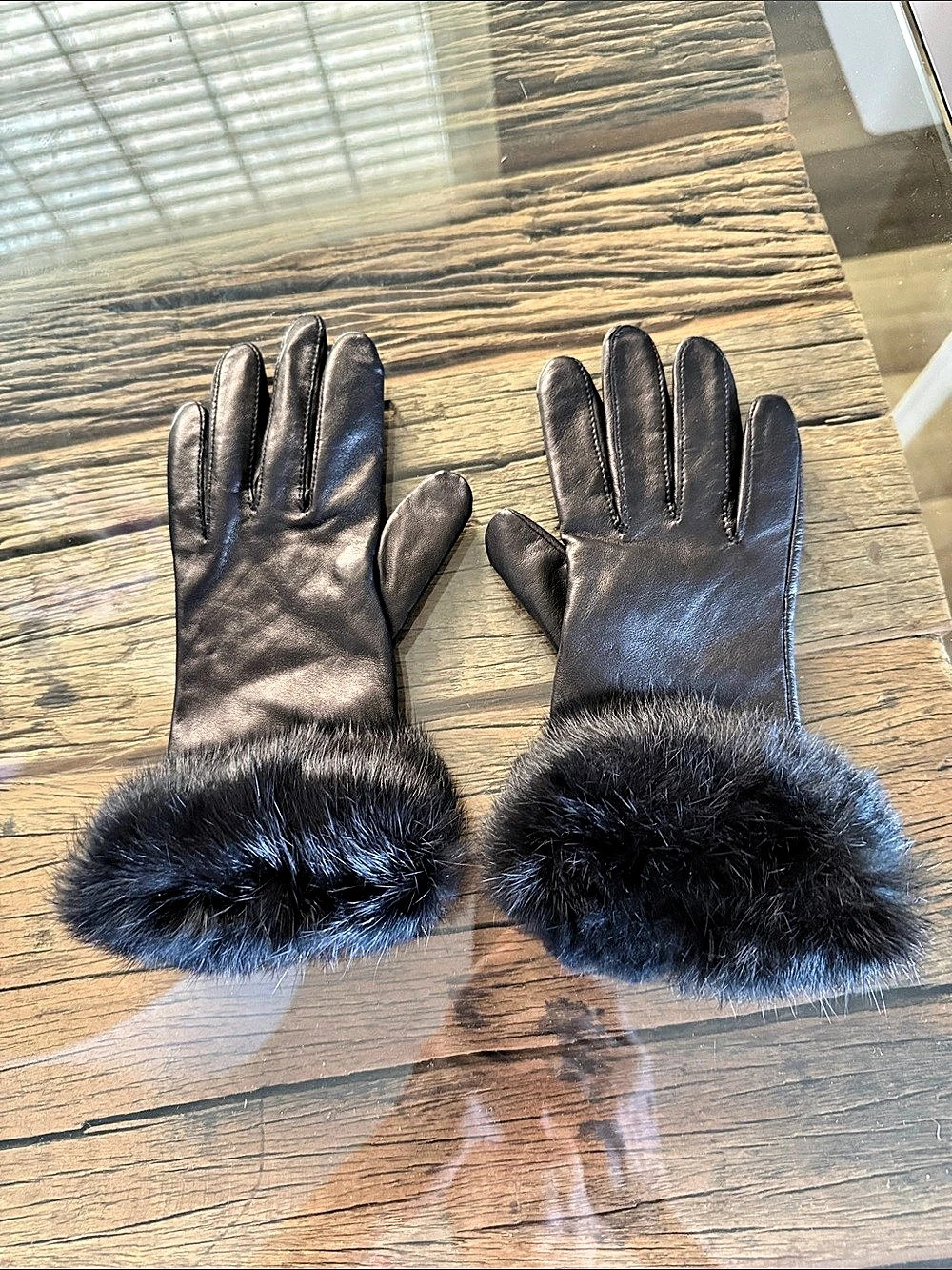Neiman Marcus Black Fur Cuff Gloves w/ Cashmere lining